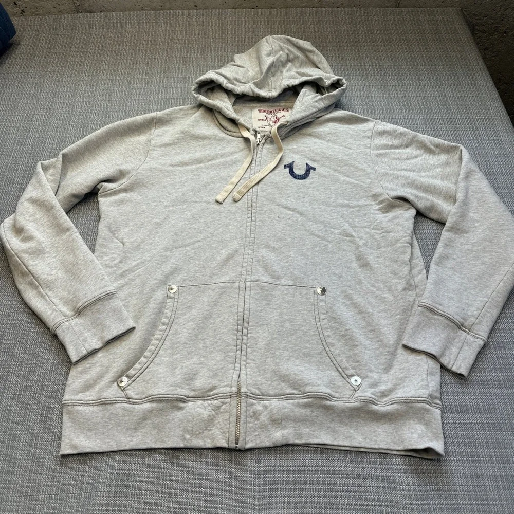 True Religion Y2K Hoodie Mens 2XL Sweatshirt Full Zip Gray World Tour Buddha*